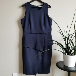 Navy Peplum Faux Wrap Pencil Dress